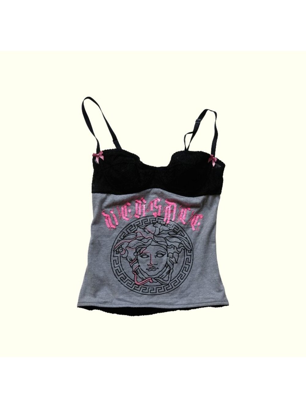 VERSACE VTG Y2K 90s CAMI SPAGHETTI STRAP LACE CORSET RETRO LOGO BLACK GRAY  SZ M
